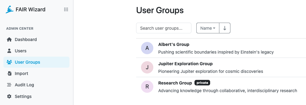 User Groups list in Admin Center app of the FAIR Wizard