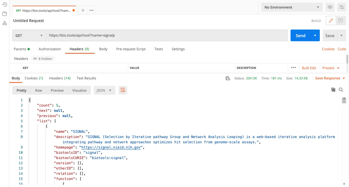 Request and response to bio.tools API done in Postman