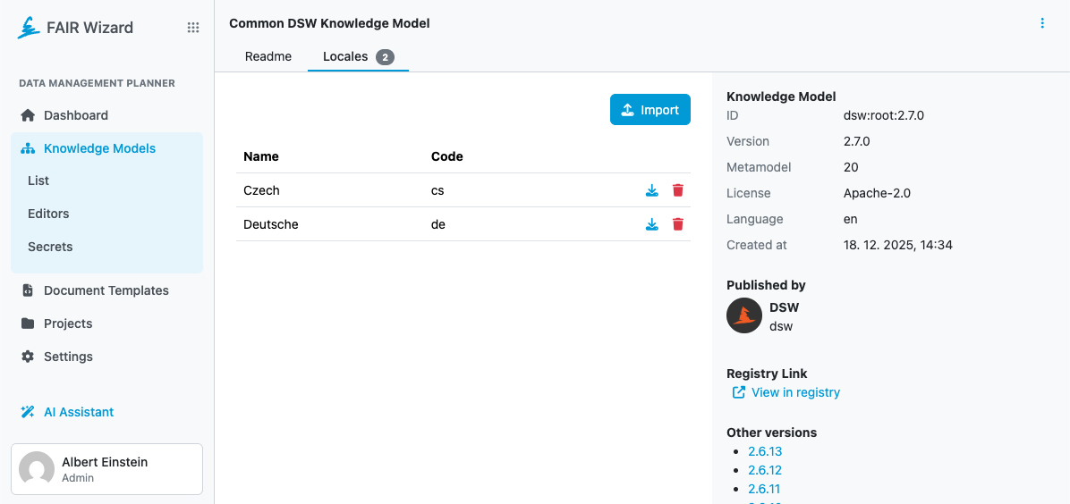 Knowledge Model detail with Czech and German translations listed in the Locales tab