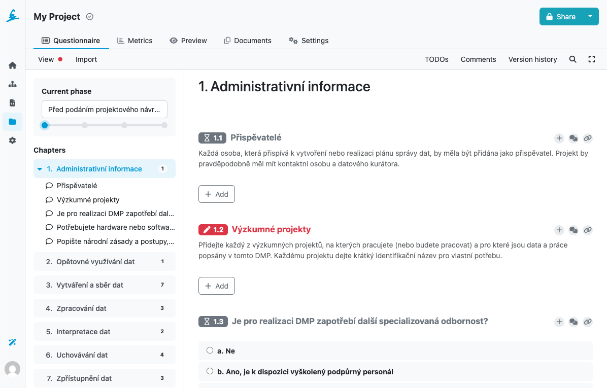 Project questionnaire showing Czech chapters, questions, guidance, and answer options within the English FAIR Wizard interface