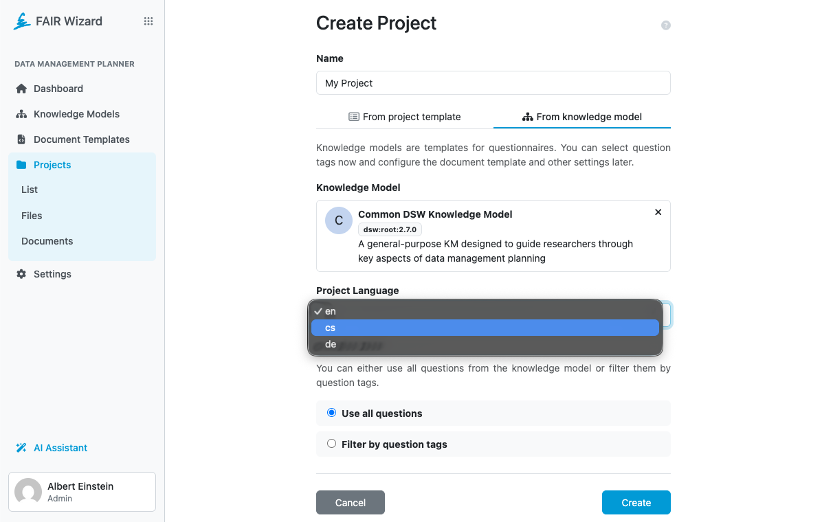 Create Project form with English, Czech, and German available in the Project Language selector