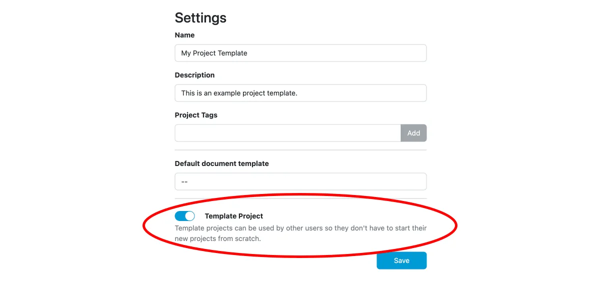 Project settings where we can enable template project