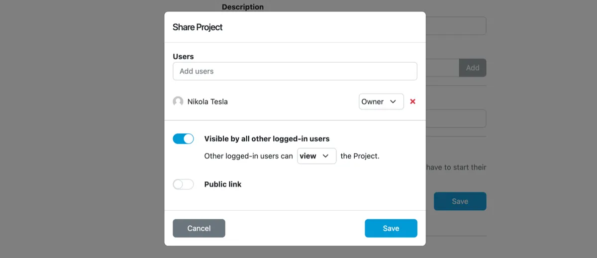Project sharing options to enable the template for researchers